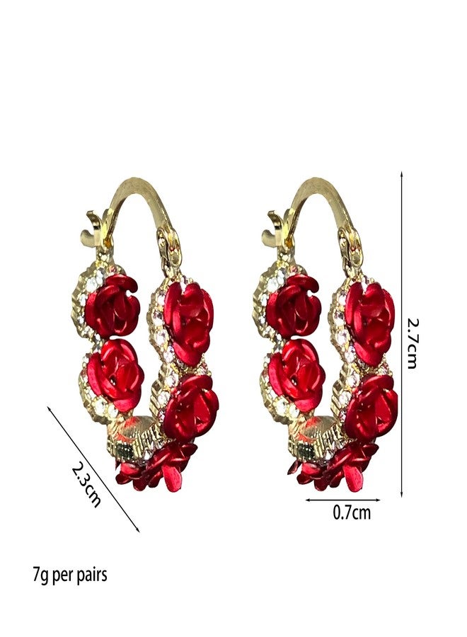 Anmpab Rose Flower Hoop Earrings for Women Rhinestone Floral Camellia Flower Earrings Party Jewelry (Red) - Image 5